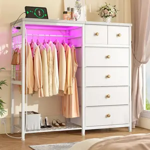 Raybee 49.2"-51.2" White Dresser for Bedroom with Hanging Rack, 6-10 Drawer LED Dresser with Charging Station, Modern Fabric Chest of Drawers with Wooden Top & Grid Panel, Premium Closet Storage Organizer