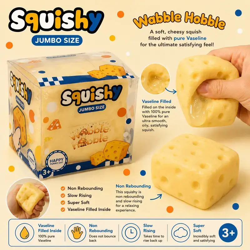 Non-Rebounding Wobble Hobble Vaseline Cheese Squishy Toy, Stress Relief Toy for Kids