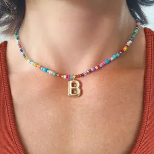 BIGWIG Beaded Colorful Long Letter Pendant Necklace with Copper Chain - Gold Bubble Letter Costume Jewelry, Unisex Daily Wear, Teen Girl Birthday Gifts for 6-18 Year Olds summerwins