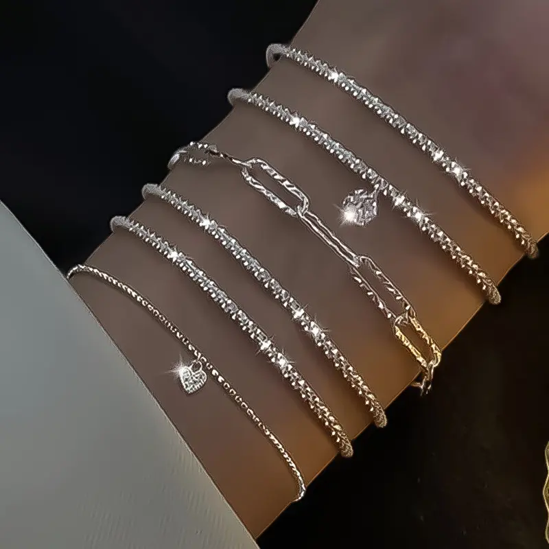 FASHION - 6Pcs 925 Sterling Silver Rhinestone Bracelets for Women Girls Luxury Korean Sparkling Starry Sky Charm Bracelets Party Jewelry