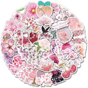 62Pcs Cherry Blossom Flowers Aesthetic Stickers Pack, Kawaii Vinyl Waterproof Sticker Decals for Water Bottle,Laptop,Phone,Scrapbooking,