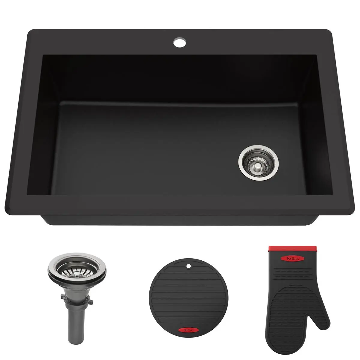 212 MAIN Kraus Forteza KGD-54BLACK Granite Kitchen Sink, 33 in. Rectangular, Drop-In/Under Dual Mount, Single Bowl, Heat-Safe, Stain-Proof, Black