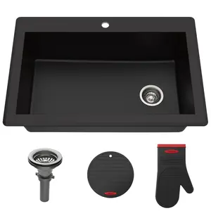 212 MAIN Kraus Forteza KGD-54BLACK Granite Kitchen Sink, 33 in. Rectangular, Drop-In/Under Dual Mount, Single Bowl, Heat-Safe, Stain-Proof, Black