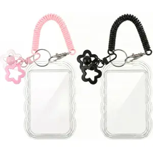 2 Pcs Cute Photocard Holder Keychain, Star Cute Transparent Photocard Holder Keychain Protective Card Protector Sleeve with Star Wave Design Transparent Pc Holders Creative Photocards Holders, Id Badge Holder