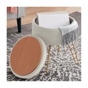 Ornavo Home Round Velvet Storage Ottoman with Gold Metal Legs