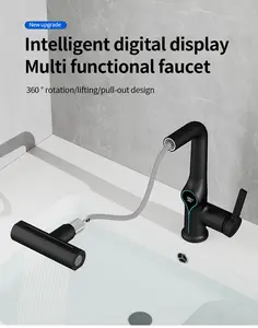 Smart Upgrade Single Hole Bathroom Faucet with Waterfall Pull Down Spray Single Handle RV Kitchen Pull Out Faucet for Vanities with Temperature Display Rain Shower Head Fahrenheit Battery Free Four Spray Modes Household Essential Holiday Gift