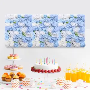 4 Pack Artificial Flower Wall Panels 24" x 16" Blue & White Faux Hydrangea and Rose Artificial Flower Backdrop Panels for Wedding Party Event Flower Wall Decor Decorative Floral Fruit Plants Silk Bouquet