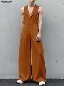 INCERUN Men's Fashion Menswear Loose V-Neck Sleeveless Polyester Apron Pants Overalls Jumpsuits, Comfortable Casual Wear, Perfect for Daily Use, Stylish and Versatile