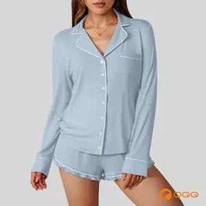 OQQ Women’s Comfy Two-Piece Button-Down Pajama Set – Long Sleeve & Ruffle Hem Shorts