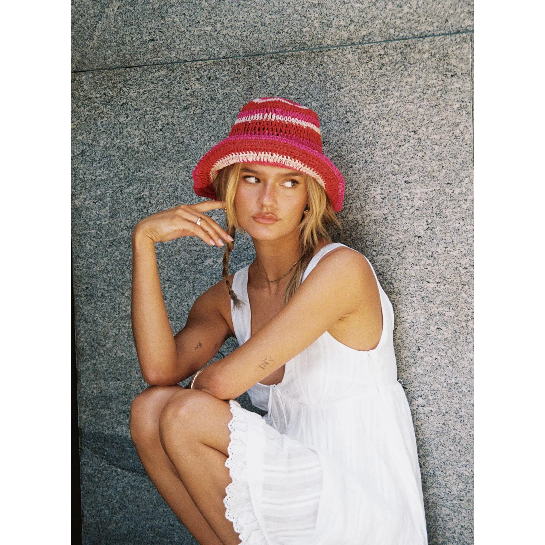 Alonza Crochet Bucket Hat Pink/red