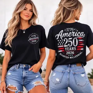America 250 Years Shirt, 1776 2026 USA Flag Tee, Quarter Millennial Top, Patriotic Double Sided T-Shirt, USA Tee Cotton Menswear Crew Neck Graphic Womenswear Print Stylish Tshirt Streetwear