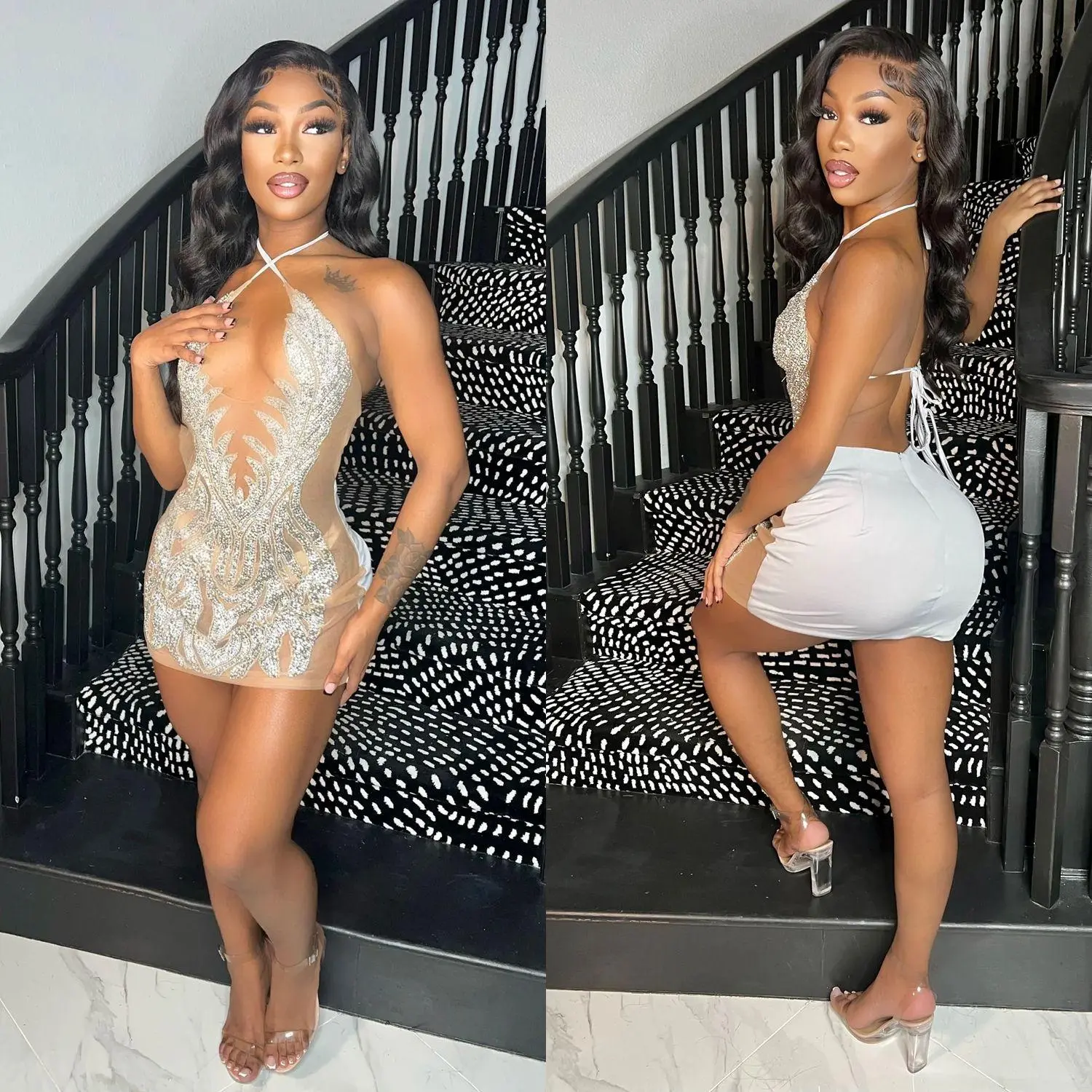 New arrival on Amazon: Women's sexy mesh rhinestone sheer nightclub dress.