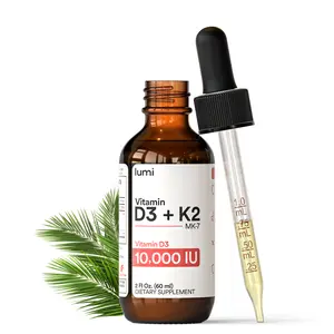 lumi Vitamin D3 K2 MK7 w Palm MCT Oil - 10000 IU D3, 200 mcg K2 MK7 - 60ml Liposomal Absorption Sublingual Liquid Drops - Non-GMO, Vegan, Unflavored Liquid - Monthly Supply - 2 Fl Oz