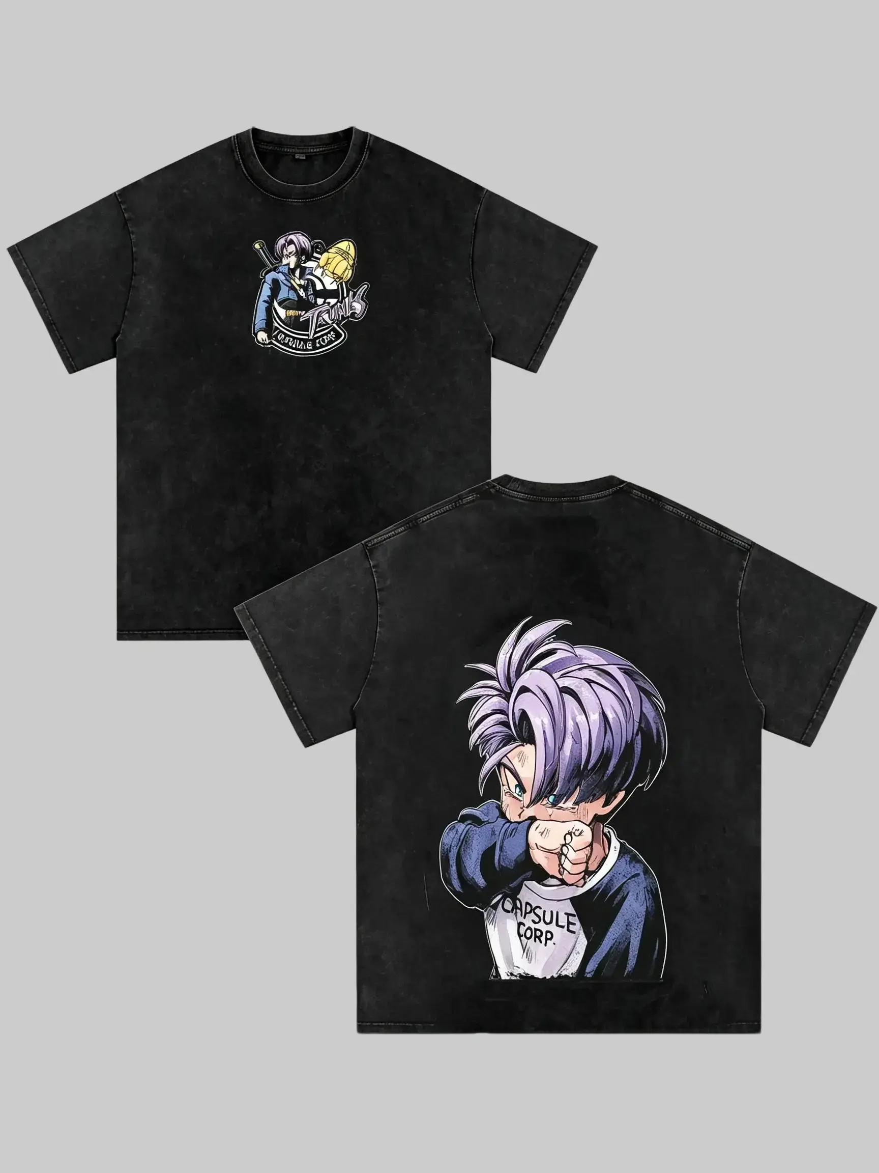 Dragon Ball Z Trunks Capsule Corp Vintage Washed Graphic Tee Anime Heavyweight Cotton Oversized Boxy Fit Streetwear Y2K Summer T Shirt