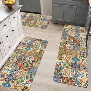 3 piece Bohemian Style Floral Geometric Pattern Kitchen Mat Set - Non-Slip Quick-Drying Machine Washable Bathroom Rug Soft Flannel Anti-Slip Backing for Kitchen Laundry Rooms Spring Summer Home Decor comfortable floor runner cozy decoration floor mat