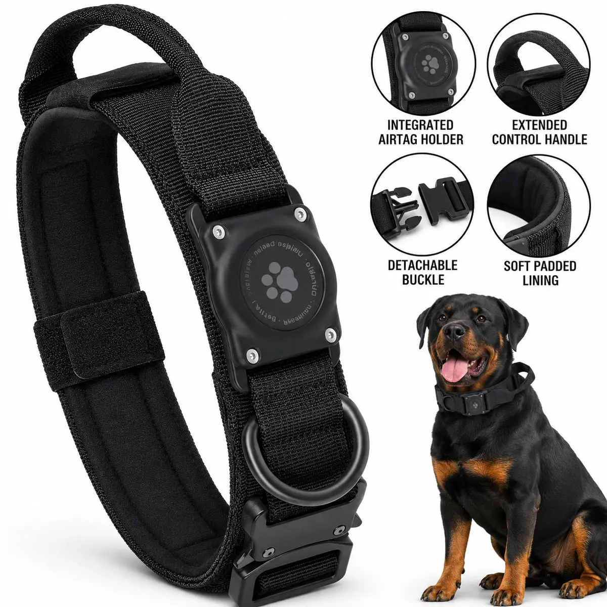 Tactical AirTag Dog Collar for Large Dogs, Military Grade Heavy Duty All Weather Gear with Extended Control Handle - 100% Waterproof Integrated Design GPS Holder, German Shepherd Accessories