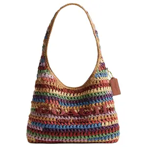 COACH Brooklyn 28 Woven Hobo Bag for Women – Magnetic Closure, Straw-Effect Cellulose Material, Small Size, Multi-Color