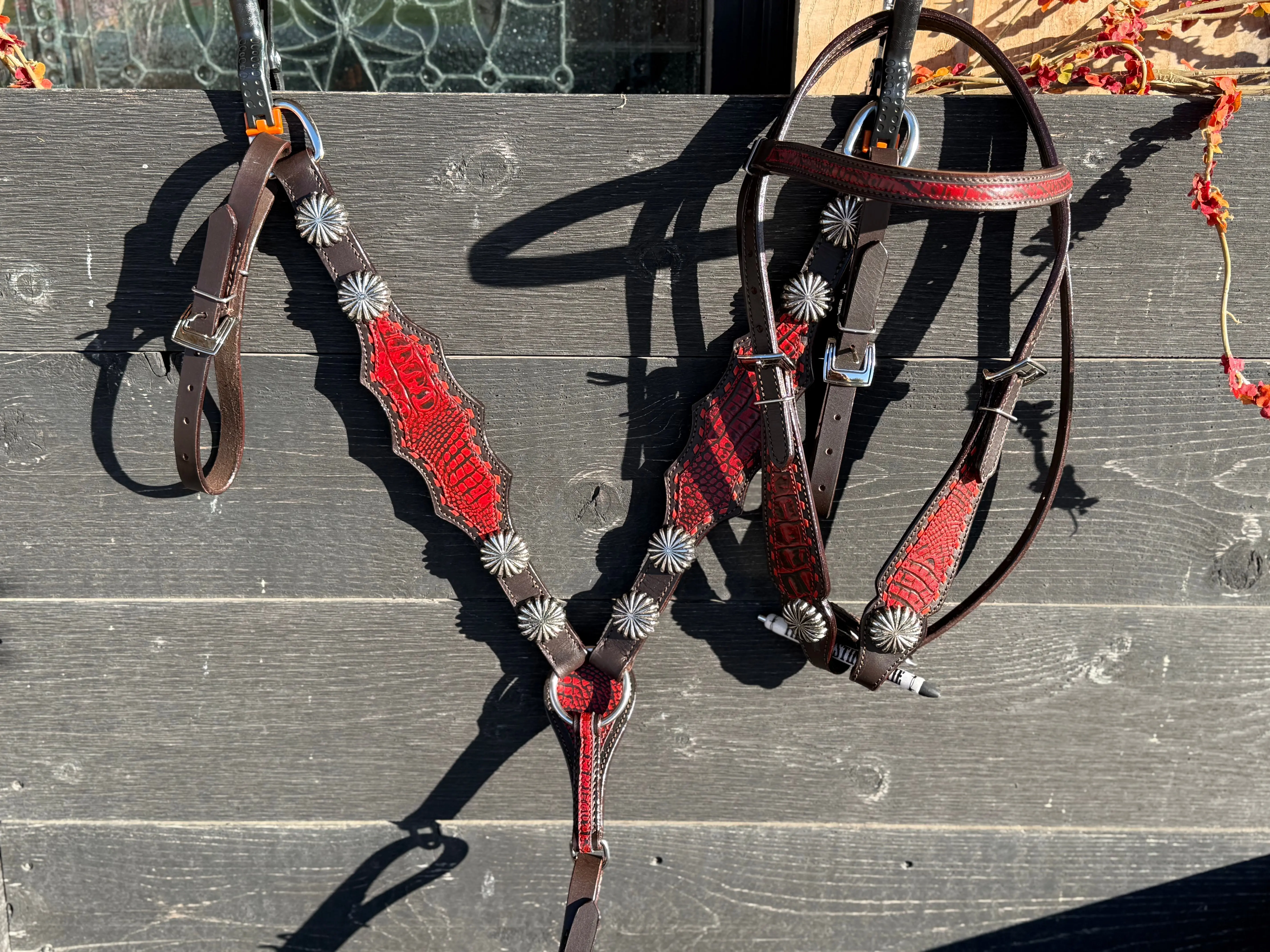 Crimson Red Genuine Leather Brow Band and Breast Collar Tack Set With FREE genuine leather split reins !
