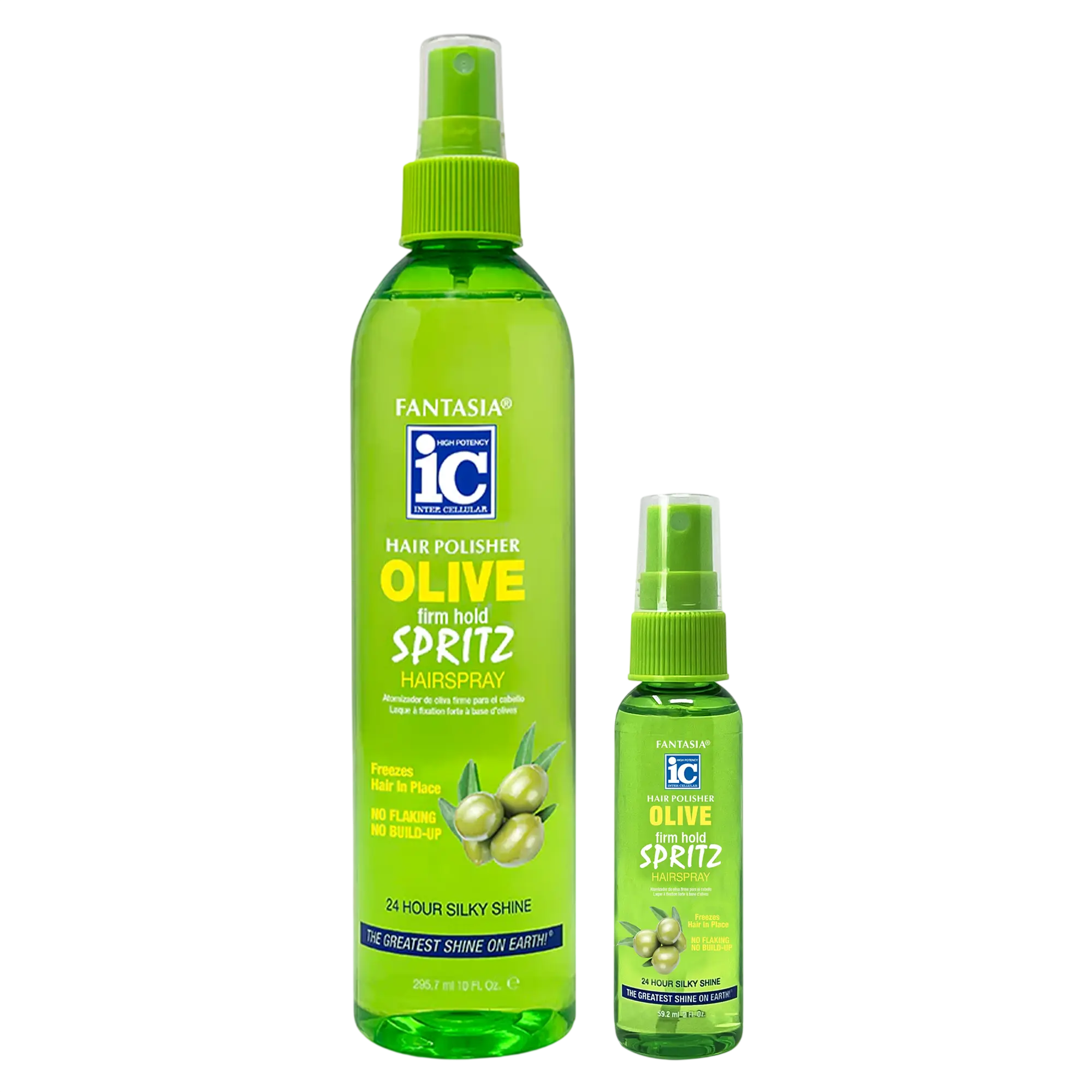 Fantasia IC Hair Polisher Olive Spritz, Strong Hold Spray for Frizz Control & Shine, For Defined Curls & Wavy Hair, 10oz + 2oz Bundle, Shiny Hair, Bouncy Curls