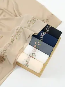 Women’s solid-color headscarf/shawl with floral vine embroidery, 1 piece
