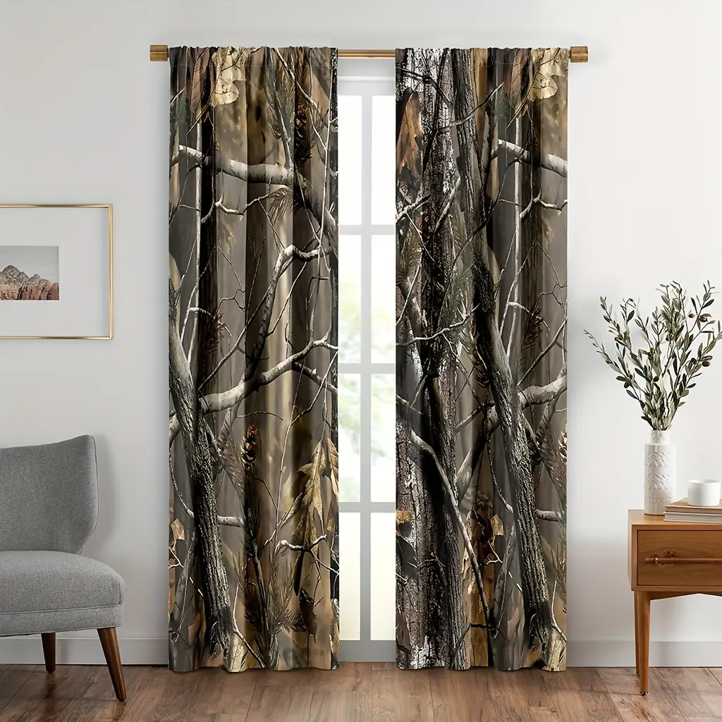 2pcs Camo Tree Home Decorative Curtains - Ready-Made Forest Oak Branches Leaves Mossy Curtains for Hunting Lodge, Bedroom, Home Decorative Curtain, Ready Made Curtains