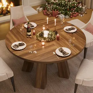 47" Round Farmhouse Wooden Dining Table with Sturdy Base, 4 Strong Legs, Walnut Finish, Seats 4-6 for Dining Room, Living Room