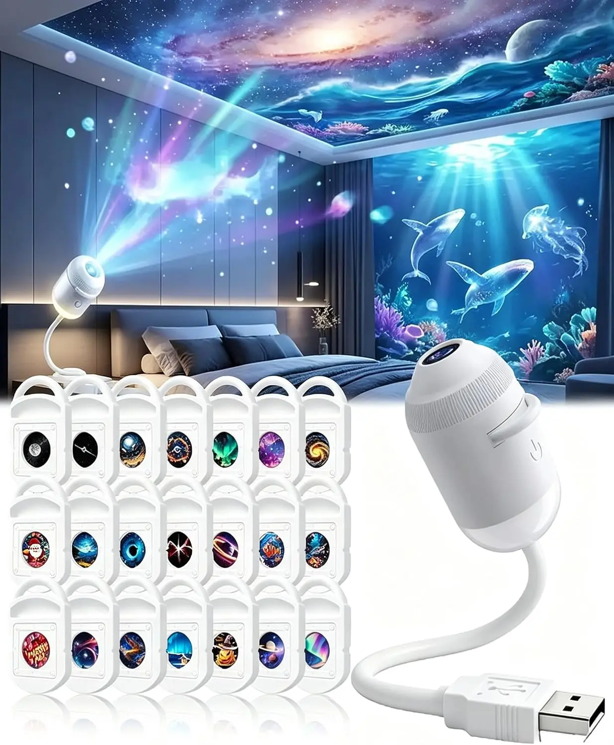 HD Smart LED Galaxy Ocean Night Light Projector | 360 Rotating Ocean Galaxy Star Projector | 2-in-1 Starry Sky Projection Lamp | Plug-and-Play USB Gooseneck Star Light