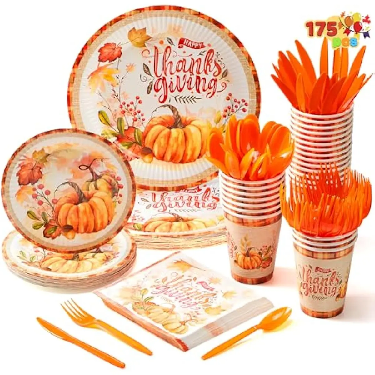 175 PCS Thanksgiving Disposable Paper Plates, Paper Gold Disposable Dinnerware Set, Thanksgiving Party Fall Harvest, Party Supplies, Plates and Napkins Sets (25 Guests)