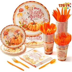 175 PCS Thanksgiving Disposable Paper Plates, Paper Gold Disposable Dinnerware Set, Thanksgiving Party Fall Harvest, Party Supplies, Plates and Napkins Sets (25 Guests)