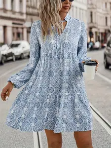 Women's All Over Print Tie Front Notched Neck Dress, Boho Bishop Sleeve Short Dress for Beach Holiday Vacation, Boho Style Womenswear, Ladies Clothes for All Seasons