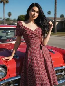 Red 1950s Christmas Plaid Ruched Sweetheart Neck Bow Dress with Short Sleeves and Flared Skirt