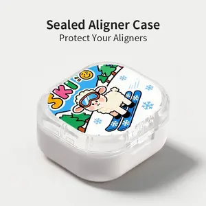 Cute Skiing Lamb Print Aligner Case, Sealed Leak-Proof Orthodontic Retainer Box, Portable Dust-Proof Storage for Students Adults Travel