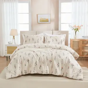 Cream Beige Duvet Cover Set 100% Washed Cotton Linen Like Textured Comforter Cover 3 Pcs Luxury Soft and Breathable Floral Duvet Cover with Zipper Closure