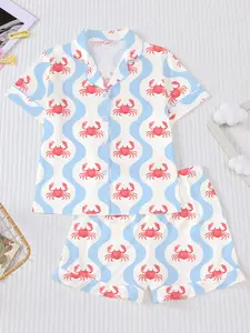 Casual Sleepwear Set Pajama, Soft Skin-Friendly Crab Print, Fire Retardant Button Front Short Sleeve Top & Loose Elastic Waist Shorts