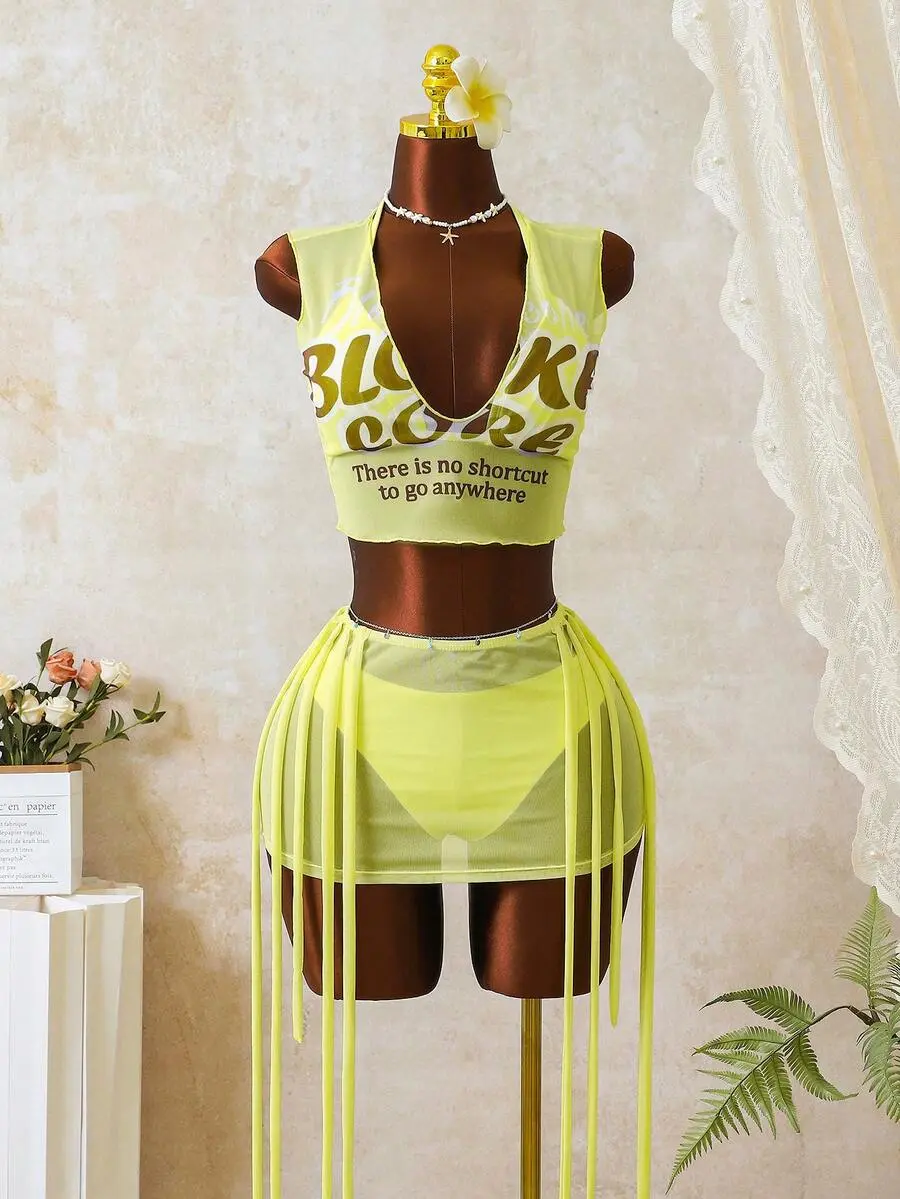 New Women's 4-Piece Printed Pink Bikini Swimsuit Set