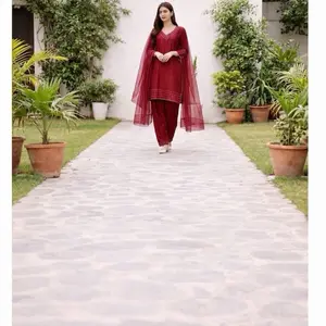 Raw Silk Farshi Shalwar Dress Shirt 37 inches with Farshi Shalwar & Orgaza Dupatta for Formal Events & Dholki Function for Women