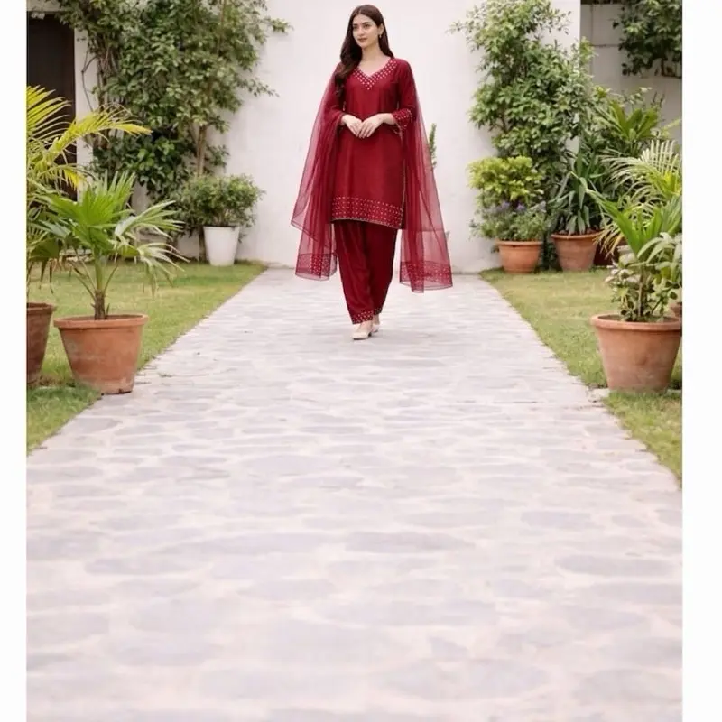 Raw Silk Farshi Shalwar Dress Shirt 37 inches with Farshi Shalwar & Orgaza Dupatta for Formal Events & Dholki Function for Women