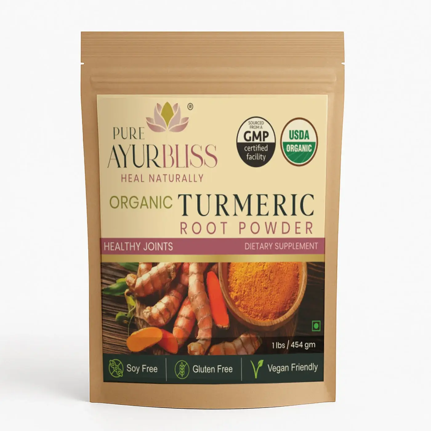 Pure AyurBliss USDA Organic Turmeric Root Powder, 16 oz - 100% Pure Curcuma Longa - Vegan, Gluten-Free & Soy-Free - Turmeric Powder for Golden Milk, Cooking & Daily Wellness