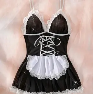 Sexy Lace Trimmed Babydoll Dress with Adjustable Ribbon Tie-Up Closure - Cosplay Design for Women's Intimate Apparel - Womenswear, Bodysuits