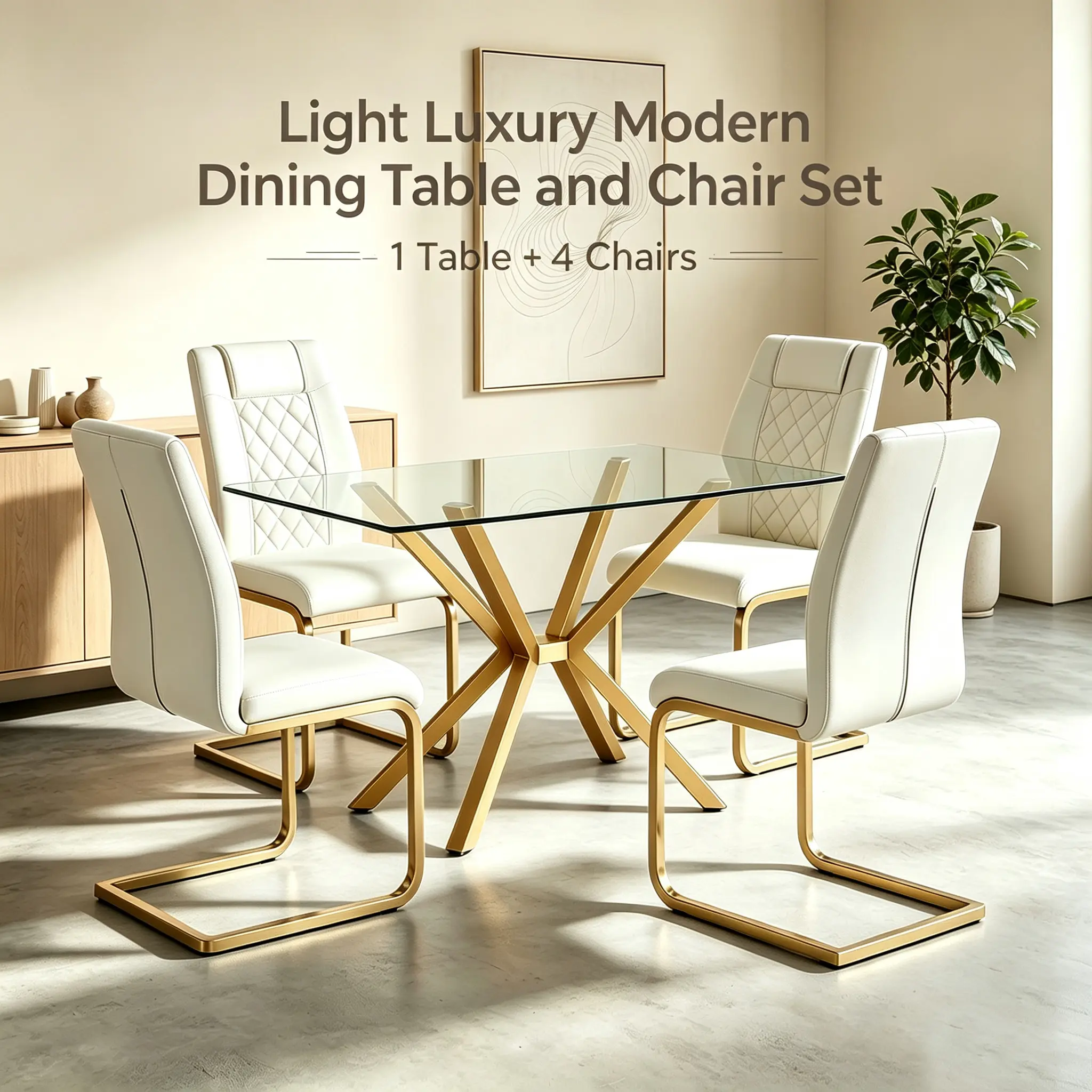 Modern 5-Piece Glass Dining Table Set for 4, Tempered Glass Table with Gold Metal Legs & PU Leather Chairs, Kitchen Furniture for Apartment, White & Gold
