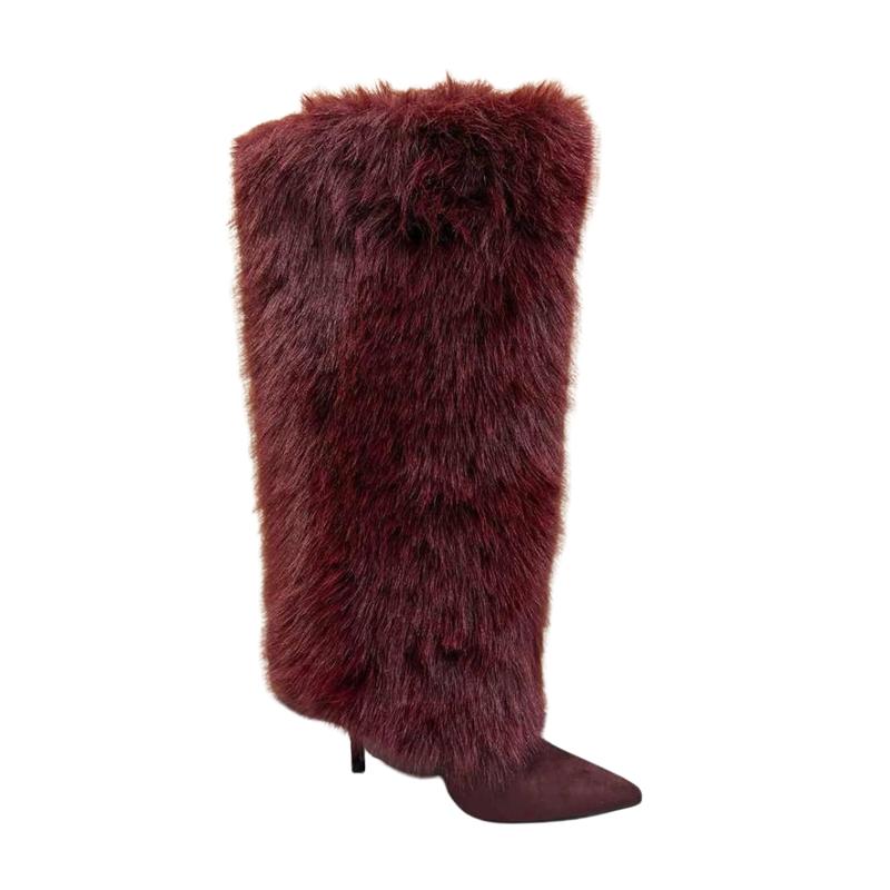 Womens Faux Fur Boots Winter Boots Knee High Boot Pointed Toe Stiletto High Heels Side Zipper Long Tall Wide Calf Pull On Comfy Christmas Party Elegant Nightclub Outdoor Fall Autumn Flurry Fuzzy Booties Fashion Shoes