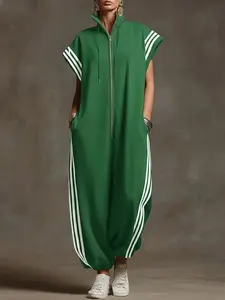 Viral Trending Women's Oversized Striped Zip Up Jumpsuit, Stand Collar Loose Cropped Pants with Pockets, Casual Sporty Summer Outfit, Multi Colors,summervibes