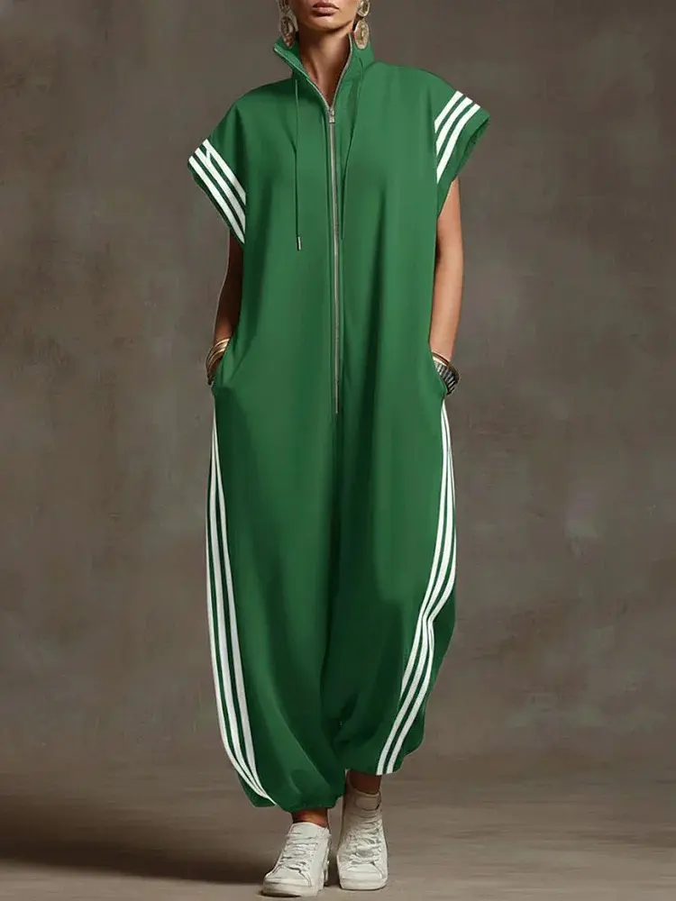 Women's Oversized Striped Zipper-Up Jumpsuit - Stand Collar, Short Sleeves, Loose Cropped Pants with Pockets, Casual Sporty Essential Summer Style Outfit, Multi Colors (Summervibes Green) | Women's Overalls Breathable Fashion Womenswear