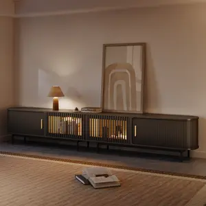 118.11"Mid-Century Modern Tambour Door TV Stand with LED Lights, LED TV Stand,Black TV Console,  Rolling Door Wood Media Console with legs.