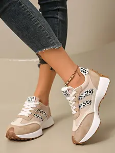 Women's Striped Sporty Shoes, Soft Sole Comfortable Waterproof Casual Sneakers, Thick Breathable Easy Clean Anti-Slip, Spring & Fall Wear, Leopard Print Sneakers