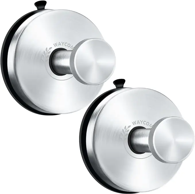 WAYCOM Suction Cup Hooks for Shower, 2Pcs Towel Hooks for Bathroom Wall SUS304 Vacuum Stainless Steel Shower Hooks Bathroom, Kitchen, Glass Door, Tile