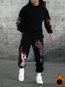 Men's Fashion Casual Two-Piece Set, Graphic Tracksuit, Jesus & Angel Print Hoodie and Drawstring Wide Leg Pants, Spring Fall Winter Sports Wear