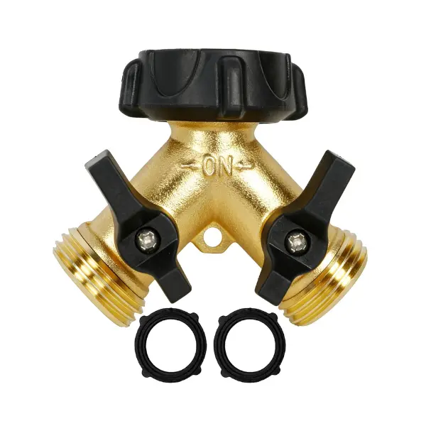 Brass Garden Hose Splitter 2 Way, 3/4 Inch Hose Connector Tap Splitter, Hose Y Splitter, Hose Spigot Adapter 2 Valves with Extra Rubber Washers