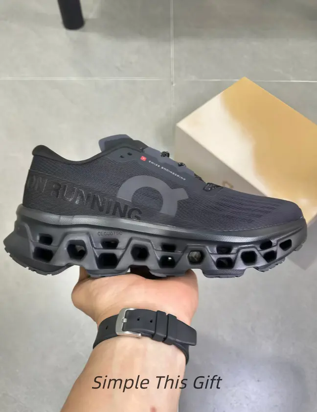 Full black breathable mesh hollow cutout running sneakers, multi-hole sculpted midsole brings heavy shock absorption for gym training, outdoor jogging and dark street fits
