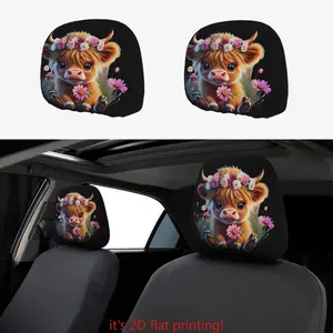 Cartoon Highlands Cow Print Car Headrest Cover Set of Two | No filling design, easy to install and clean | Suitable for travel and daily commuting | Car Accessories